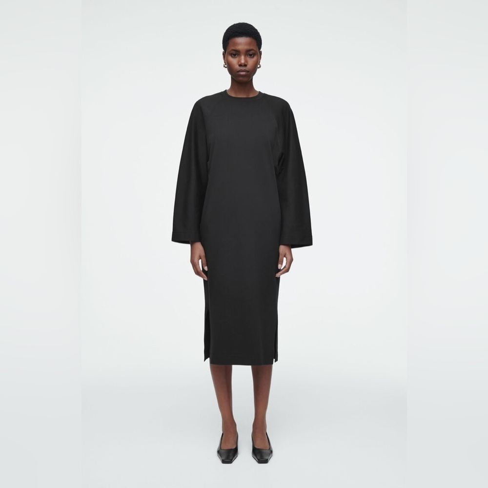 Cos Elegant Black Midi Dress pockets relaxed boho chic preppy scandi Minimalist